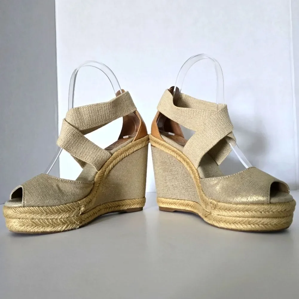 Tory Burch Kate Linen Espadrille Natural Gold Wedge Size 6